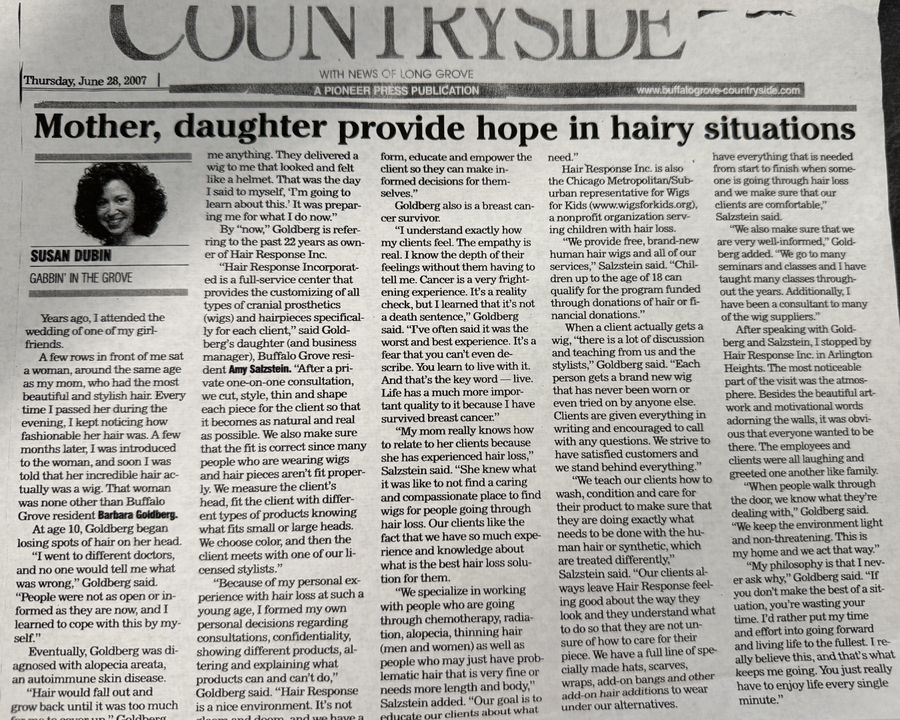 Countryside newspaper, 28 June 2007: “Mother, daughter provide hope in hairy situations” — a feature on Barbara Goldberg and Amy Salzstein of Hair Response